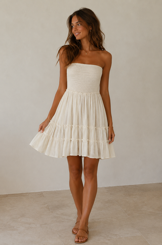 Woman wearing a white strapless dress against a plain background