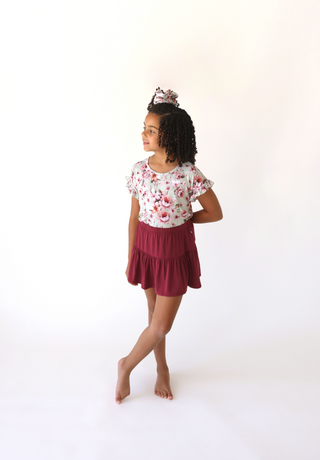 Posh Peanut Burgundy Rose Ruffle Skirt