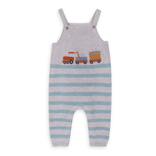 Viverano Train Applique & Stripe Baby Overall & Bodysuit Set: Heather Grey/Ocean Teal / 0-3M