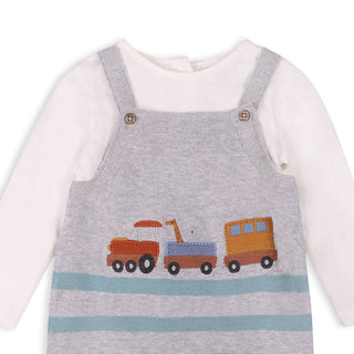 Viverano Train Applique & Stripe Baby Overall & Bodysuit Set: Heather Grey/Ocean Teal / 0-3M