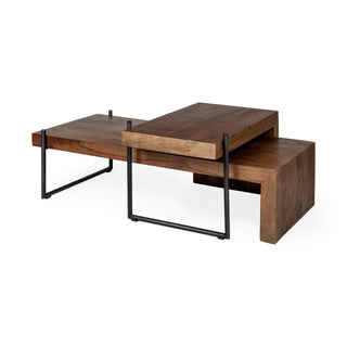Mercana Maddox Brown Solid Wood Top Black Metal Base Nesting Coffee Tables Set