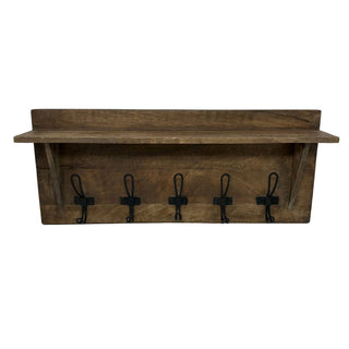 "Shenandoah" Five Loop Hook Mango Wood Wall Shelf